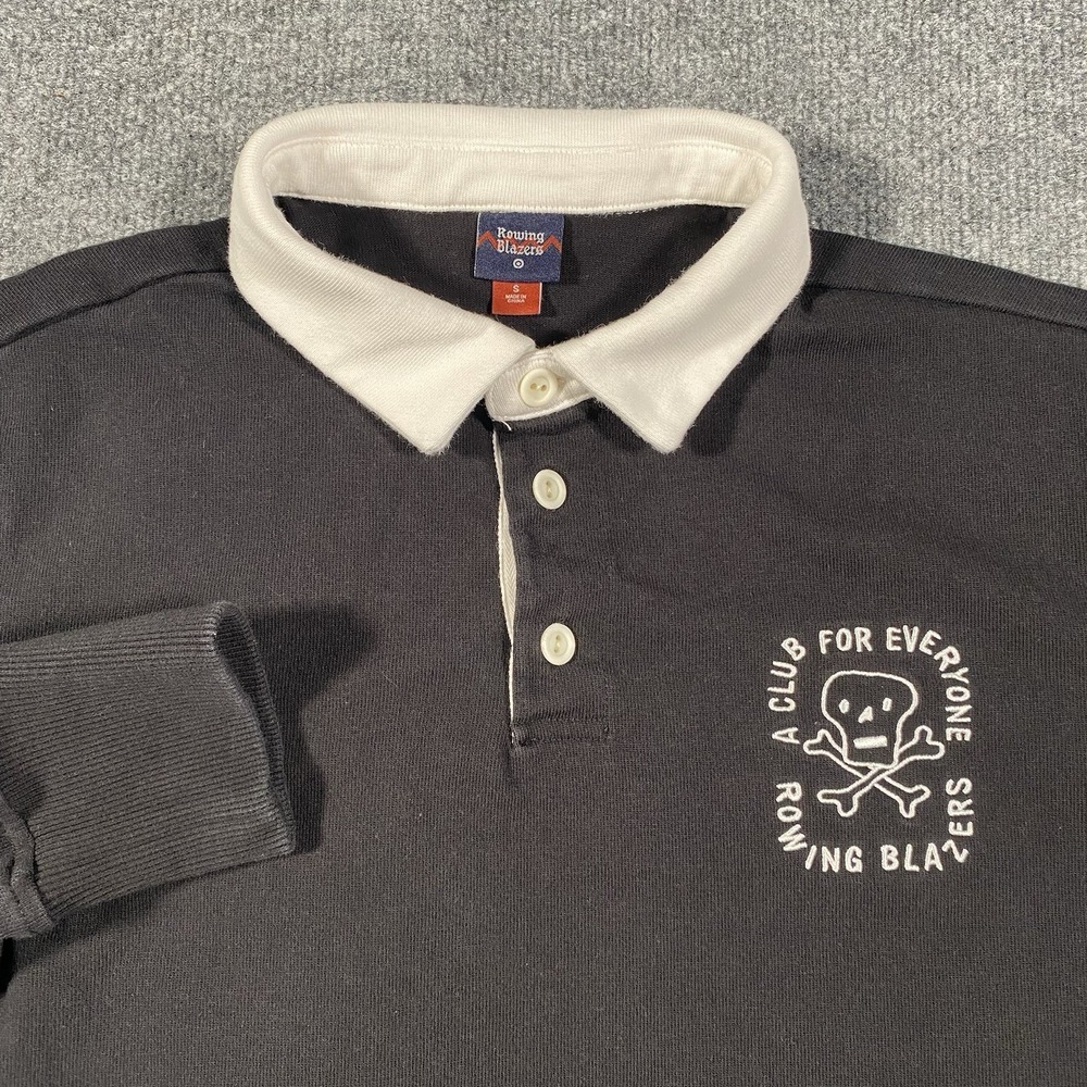 Rowing Blazers Polo Shirt Black Long Sleeve Pullover Skull Rugby Mens Small